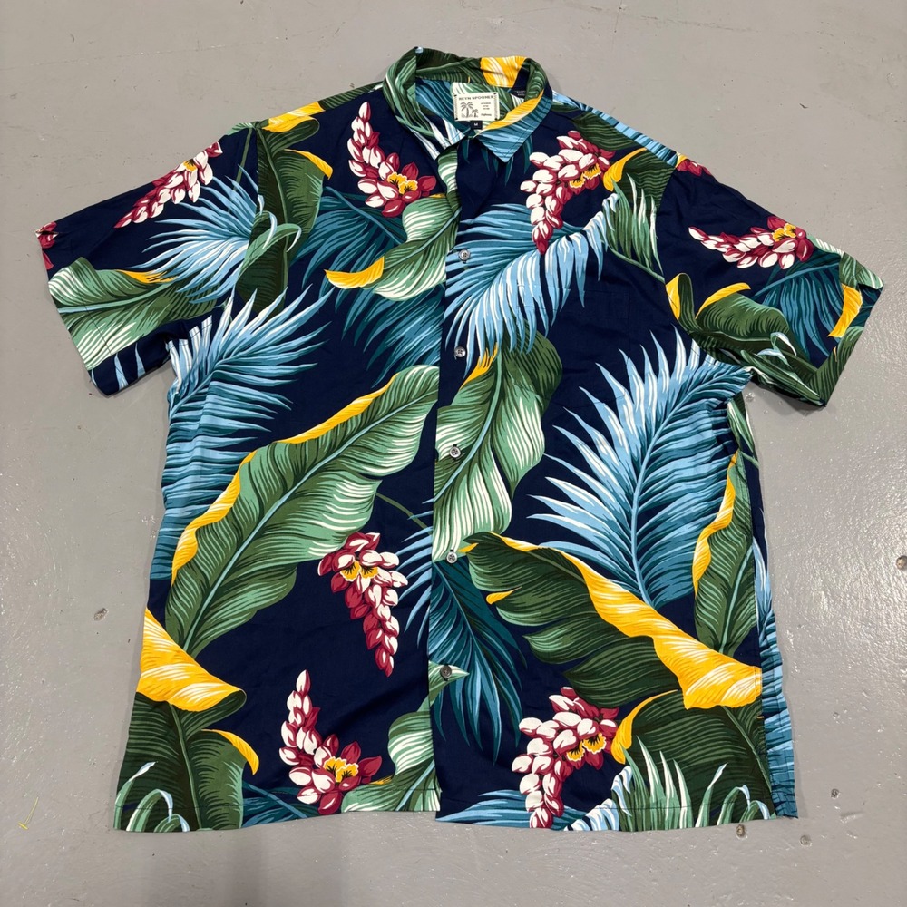 Reyn Spooner Mens Medium Japanese Spun Rayon Tropical Floral Aloha Shirt Navy
